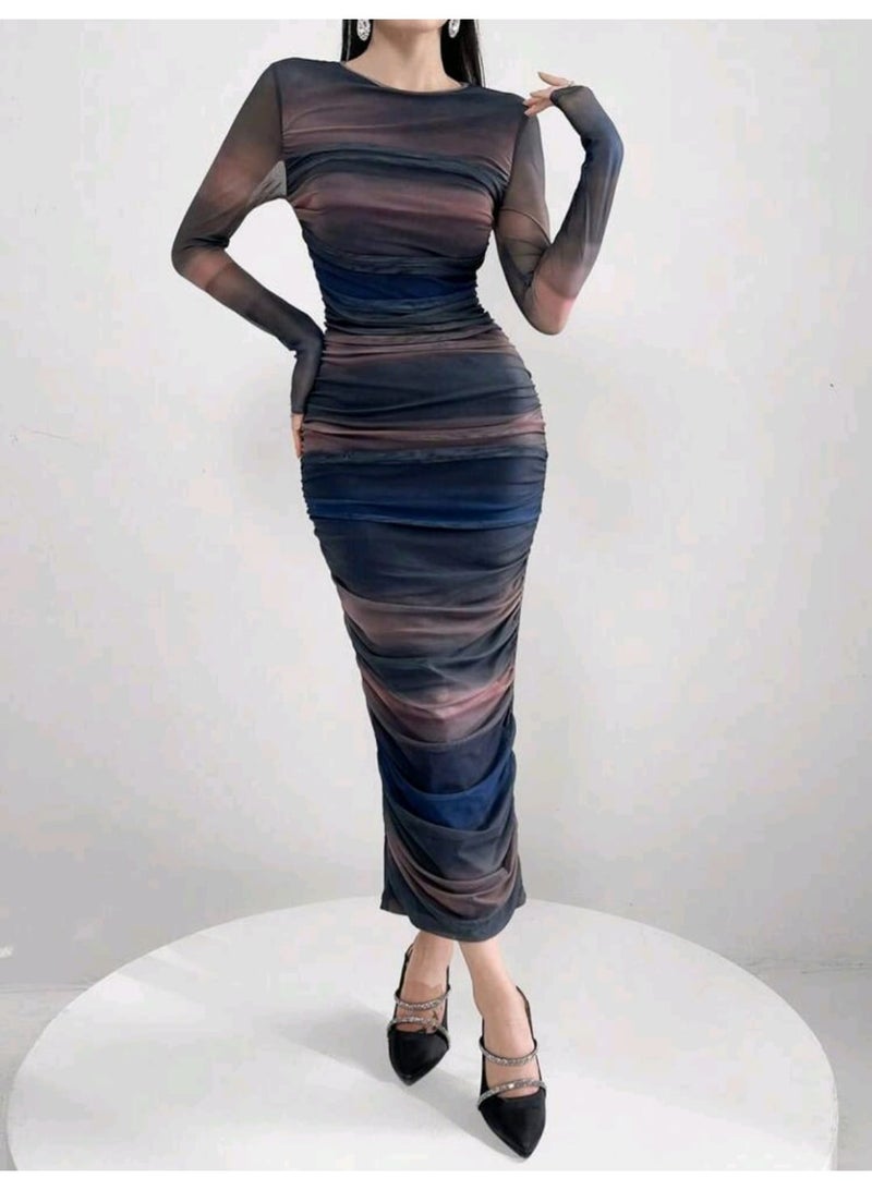 Shein Modelyn Women Fashion Color Block Tight-Fitting Long Sleeve Dress Long Evening Dresses - Image 1