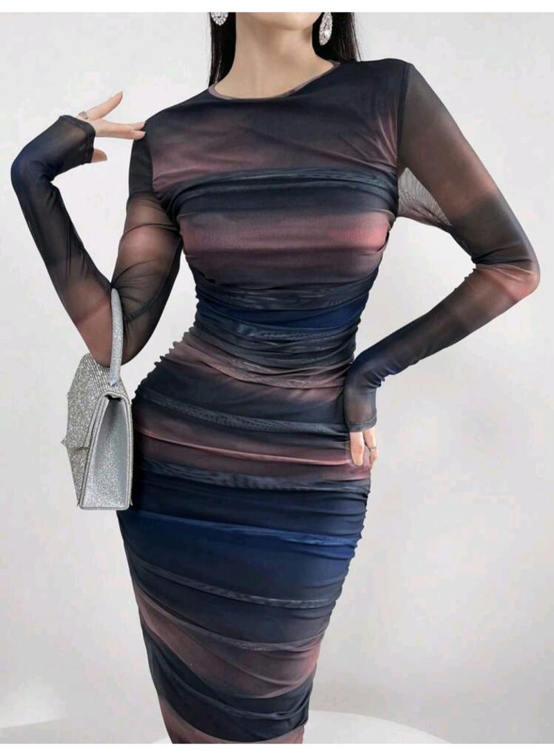 Shein Modelyn Women Fashion Color Block Tight-Fitting Long Sleeve Dress Long Evening Dresses - Image 3