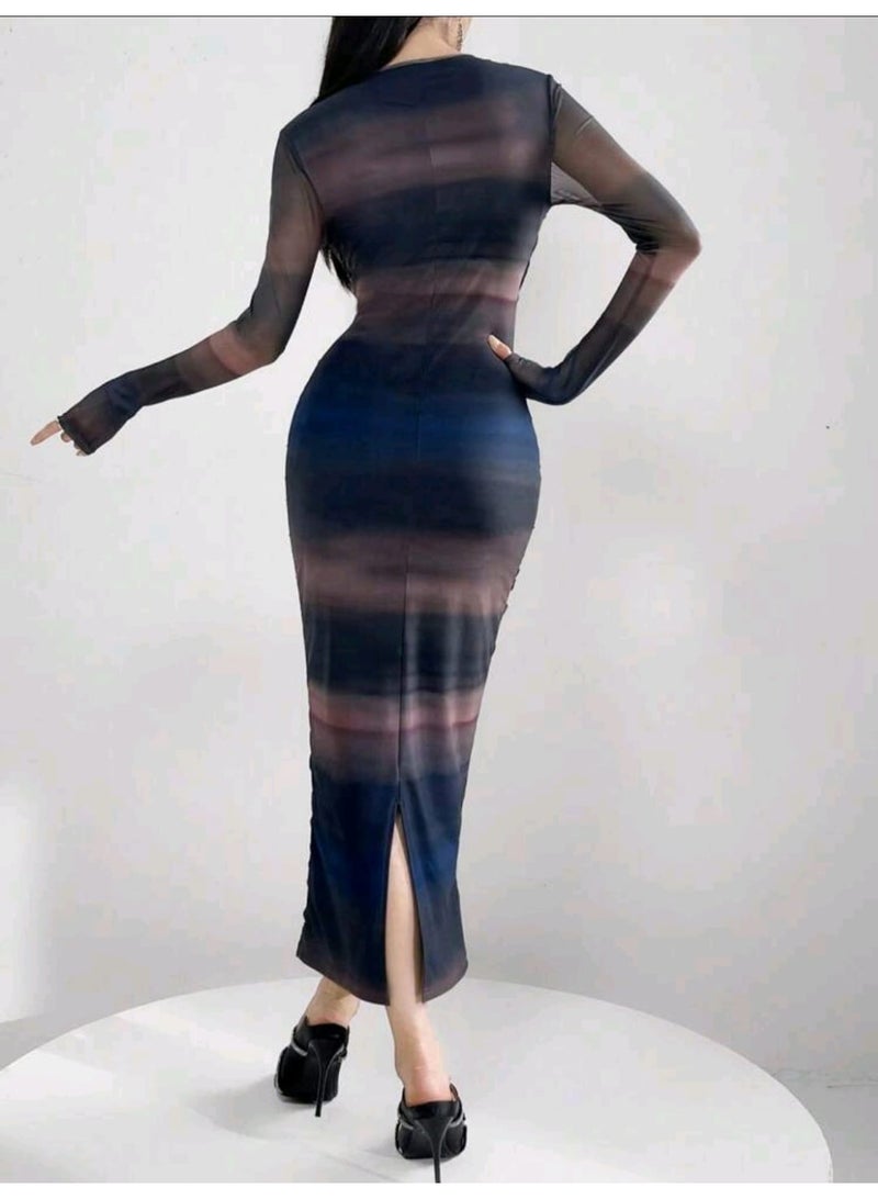 Shein Modelyn Women Fashion Color Block Tight-Fitting Long Sleeve Dress Long Evening Dresses - Image 4