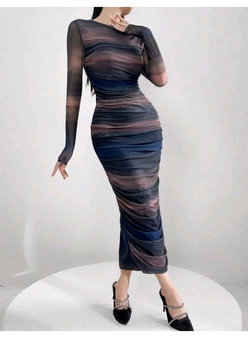 Shein Modelyn Women Fashion Color Block Tight-Fitting Long Sleeve Dress Long Evening Dresses - Image 5