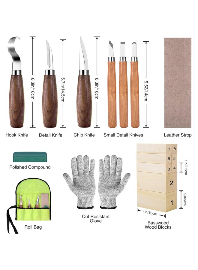مجموعة أدوات نحت الخشب للمبتدئين من الأطفال والكبار، تتضمن مجموعة أدوات نحت الخشب مع قوالب نحت من خشب الزيزفون، هدية أدوات نحت الخشب - Image 2