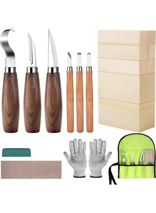 مجموعة أدوات نحت الخشب للمبتدئين من الأطفال والكبار، تتضمن مجموعة أدوات نحت الخشب مع قوالب نحت من خشب الزيزفون، هدية أدوات نحت الخشب - Image 1