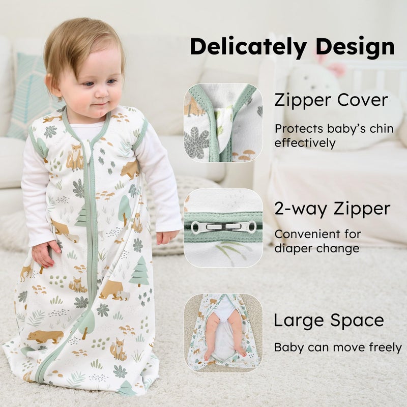 FIEMOL Baby Sleep Sack 0-6 months, 100% Cotton Sleeping Sack for Newborn and Infant, 3 Pack Baby Wearable Blanket, 0.5 Tog Lightweight Double Zipper Sleep Bag Small Green Forest Bear - Image 2