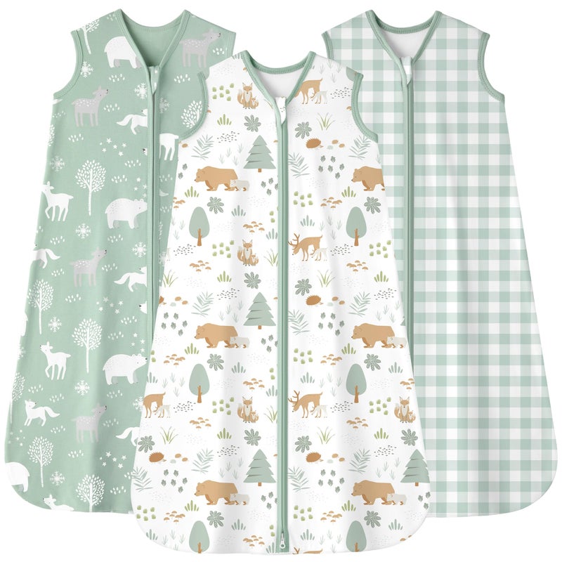 FIEMOL Baby Sleep Sack 0-6 months, 100% Cotton Sleeping Sack for Newborn and Infant, 3 Pack Baby Wearable Blanket, 0.5 Tog Lightweight Double Zipper Sleep Bag Small Green Forest Bear - Image 1