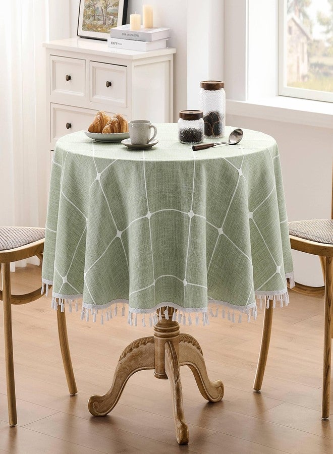 ZeeMart Boho Grid Table Cloth with Tassels (Sage Green, 60" Round), Heavy Weight Linen Checked Embroidered Farmhouse Tablecloth, Water Resistant Round Green Tablecloths - Image 2