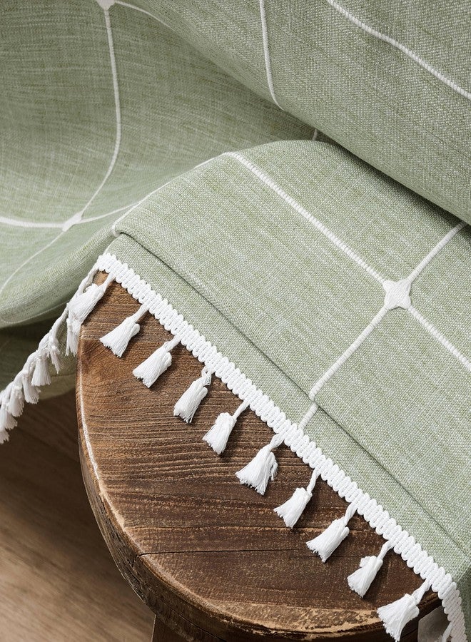 ZeeMart Boho Grid Table Cloth with Tassels (Sage Green, 60" Round), Heavy Weight Linen Checked Embroidered Farmhouse Tablecloth, Water Resistant Round Green Tablecloths - Image 4
