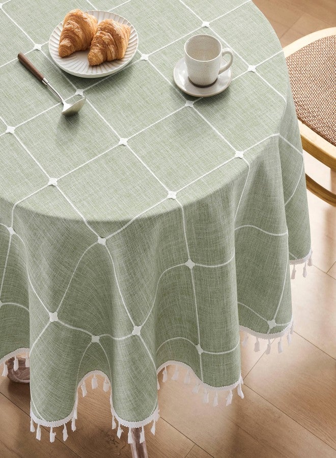 ZeeMart Boho Grid Table Cloth with Tassels (Sage Green, 60" Round), Heavy Weight Linen Checked Embroidered Farmhouse Tablecloth, Water Resistant Round Green Tablecloths - Image 1