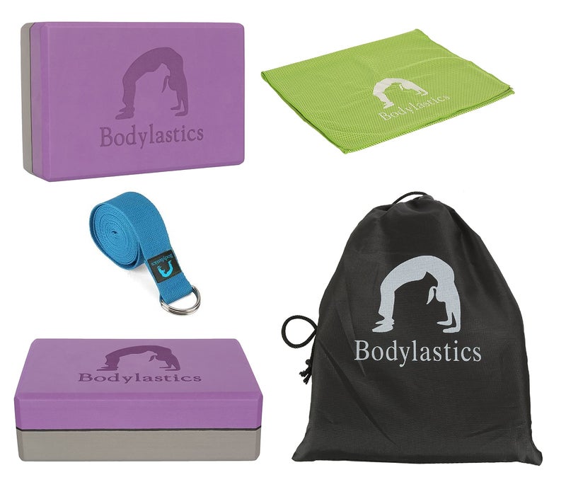 Bodylastics Yoga Blocks Set of 2, Yoga Strap, Cooling Towel with Storage Bag High Density EVA Foam Non-Slip Workout Bricks to Improve Poses Balance Flexibility Support Strength Training Exercise - Image 1