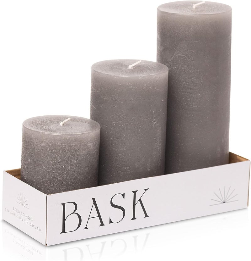 bask Mottled Unscented Cool Grey Pillar Candles Set of 3 - Dripless Large Smokeless Pillar Candles for All Occasions - Image 1