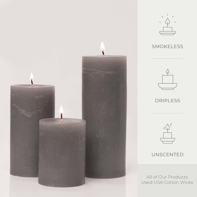 bask Mottled Unscented Cool Grey Pillar Candles Set of 3 - Dripless Large Smokeless Pillar Candles for All Occasions - Image 3