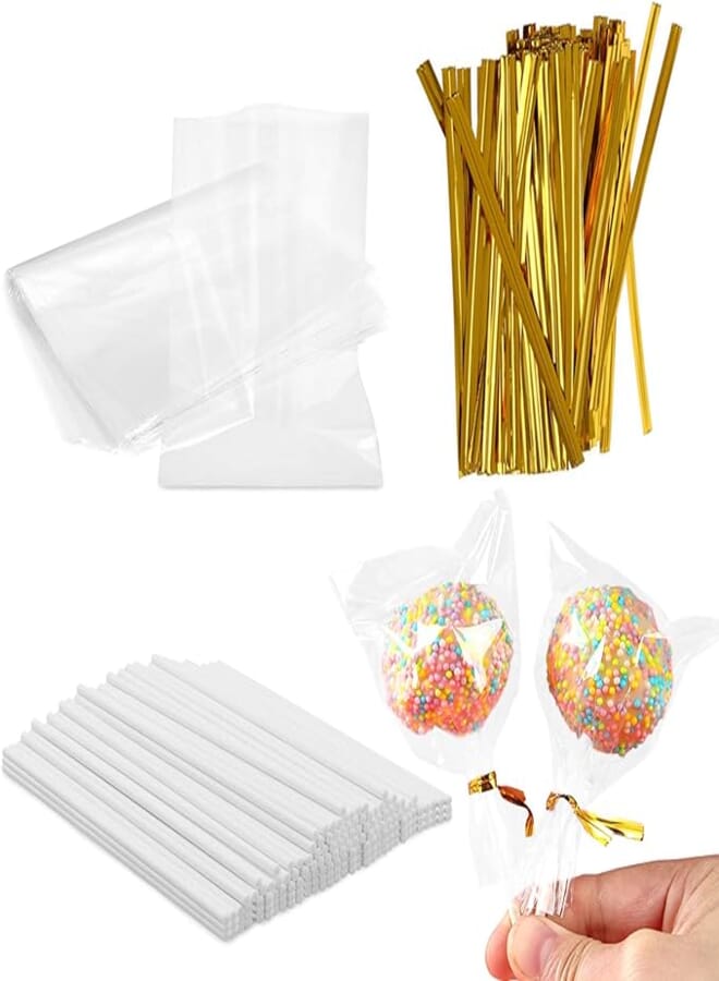 Lainrrew 600 Pcs Lollipop Set Cake Pop Kit, Including 200 Lollipop Sticks, 200 Parcel Bags and 200 Gold Metallic Twist Ties for Candy Cake Pop Chocolate Cookie Wrapping Buffet Party Favors