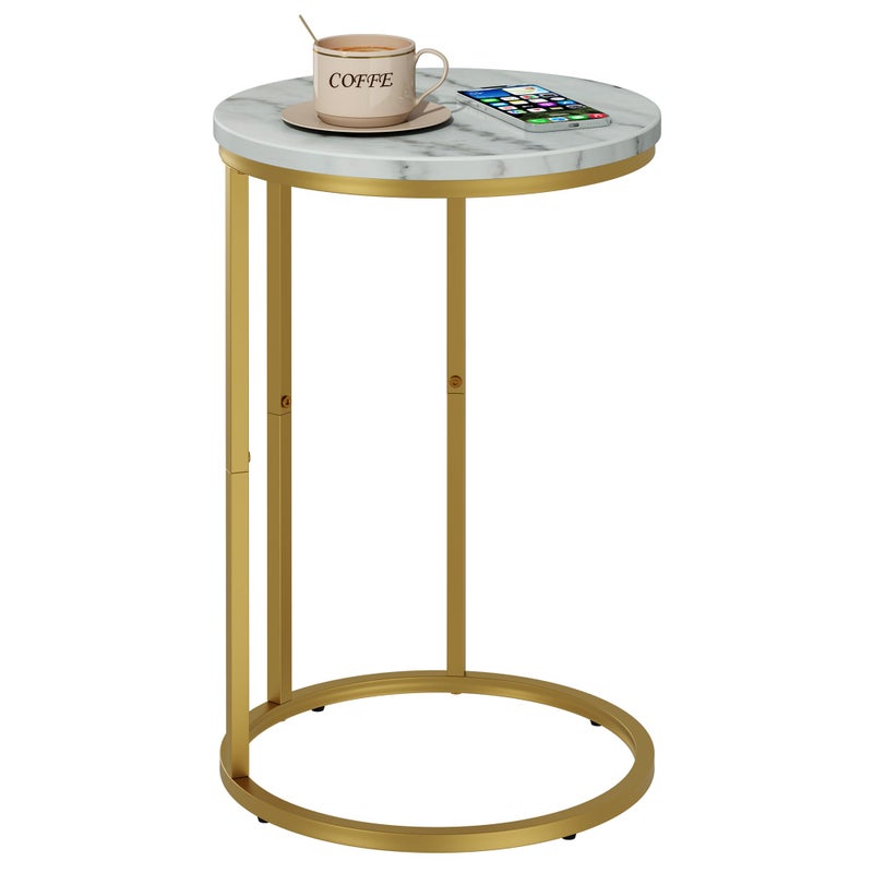 Function Home C Table End Table Marble C Shaped Sofa Side Table Couch Tables That Slide Under Snack Accent Table for Living Room Bedroom Small Space Marble Top and Gold Metal Frame