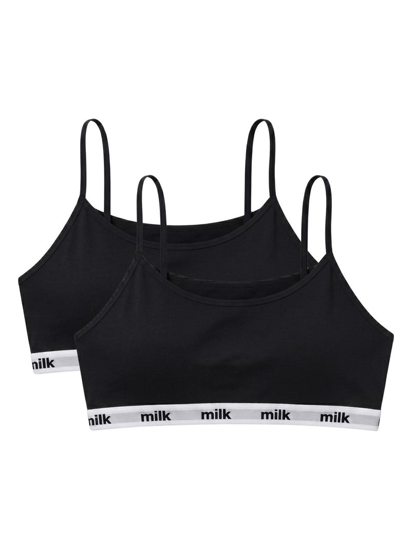 Milk Pack of 2 Thin Strap Cotton Non Padded Soft Bra Black - Image 1
