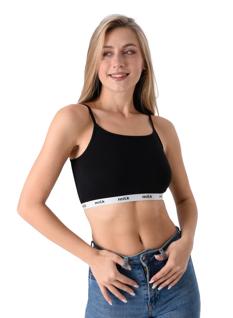 Milk Pack of 2 Thin Strap Cotton Non Padded Soft Bra Black - Image 2