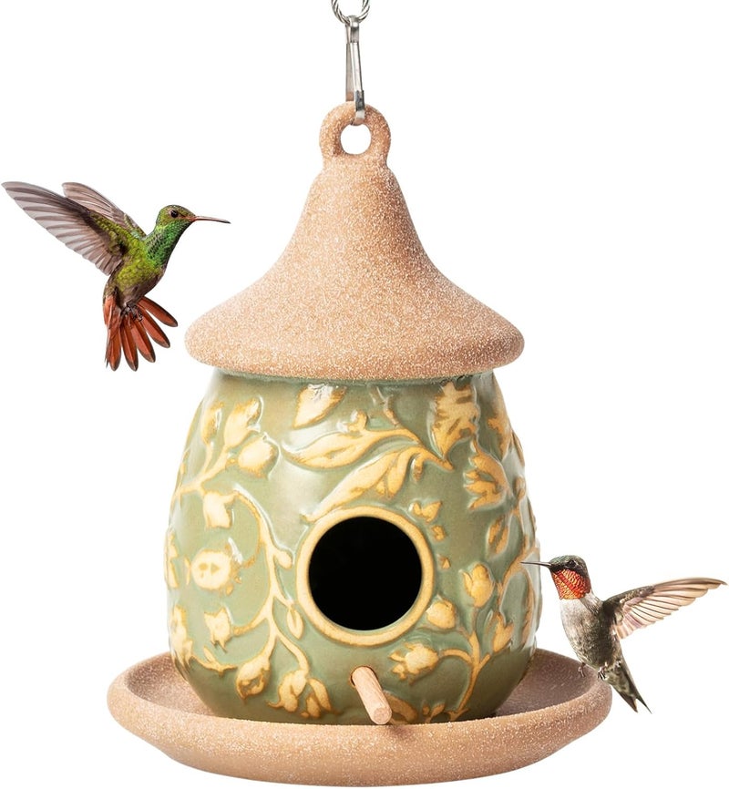 Karlliu Hanging Bird Houses for Outside: Bird House with Wooden Pole Ceramic Birdhouse Feeder for Hummingbirds Cardinal Wren Bluebird Wild Birds Nest Birdhouses Pet Cottage for Outdoor Patio Garden Decor - Image 1