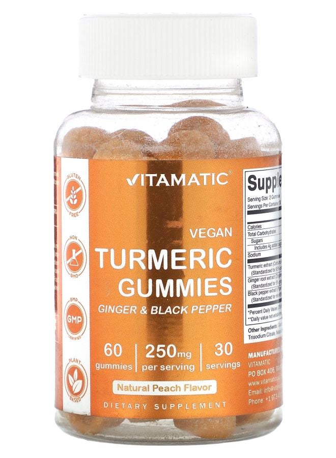 Vitamatic Vegan Turmeric Gummies Natural Peach 250 mg 60 Gummies (125 mg per Gummy)