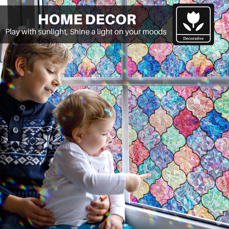 FEOMOS Stained Glass Window Film, Rainbow Decorative Window Privacy Film with No-Glue, Static Cling Glass Covering Window Tint Sticker for Home Decor & Heat Blocking, 17.3 x 78.7 Inches - Image 3
