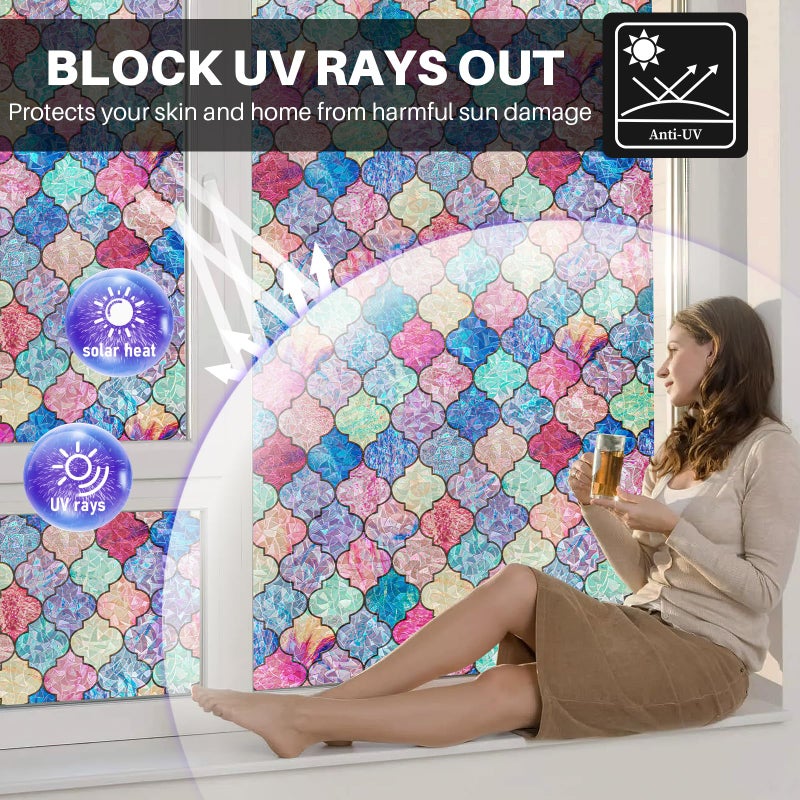 FEOMOS Stained Glass Window Film, Rainbow Decorative Window Privacy Film with No-Glue, Static Cling Glass Covering Window Tint Sticker for Home Decor & Heat Blocking, 17.3 x 78.7 Inches - Image 4