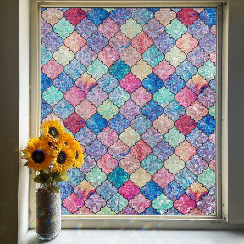 FEOMOS Stained Glass Window Film, Rainbow Decorative Window Privacy Film with No-Glue, Static Cling Glass Covering Window Tint Sticker for Home Decor & Heat Blocking, 17.3 x 78.7 Inches - Image 1