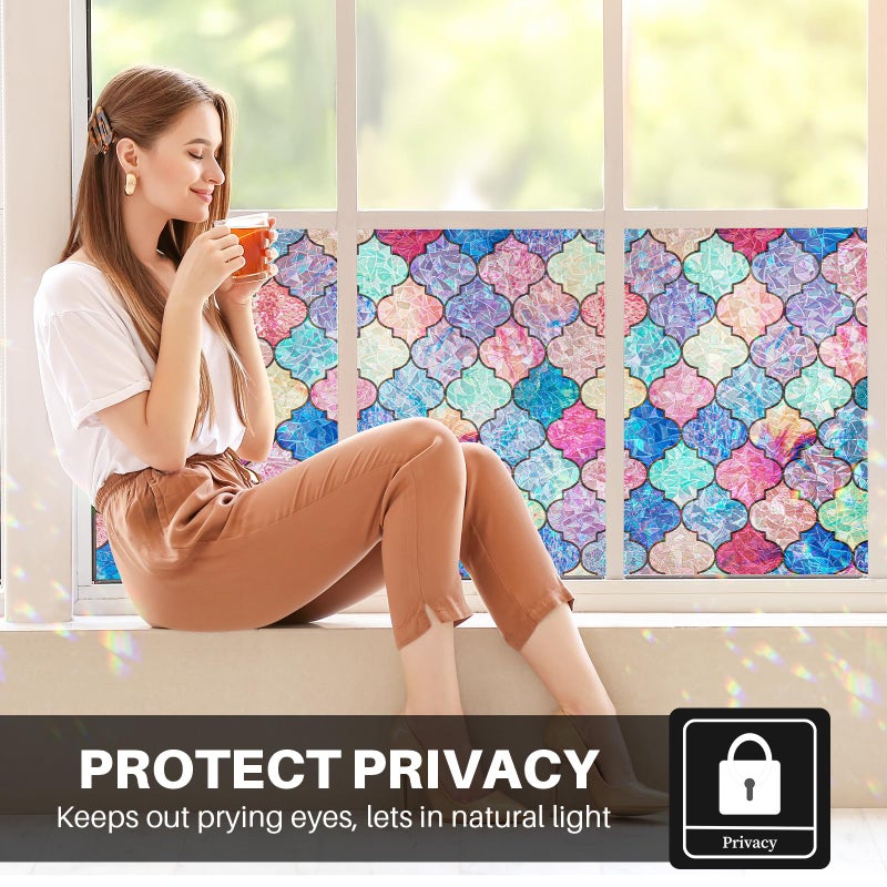 FEOMOS Stained Glass Window Film, Rainbow Decorative Window Privacy Film with No-Glue, Static Cling Glass Covering Window Tint Sticker for Home Decor & Heat Blocking, 17.3 x 78.7 Inches - Image 2
