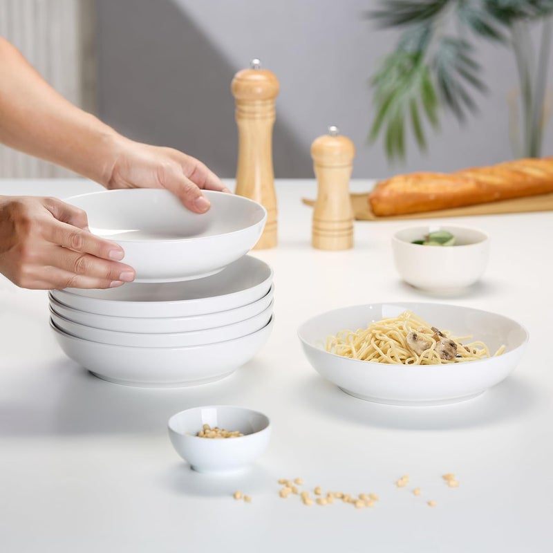 KooK Pasta Bowls Set of 6 Salad Bowl Large Ceramic Microwave and Dishwasher Safe Great for Soups and Salads Shallow Serving Bowls Glossy Porcelain 32 oz White - Image 2