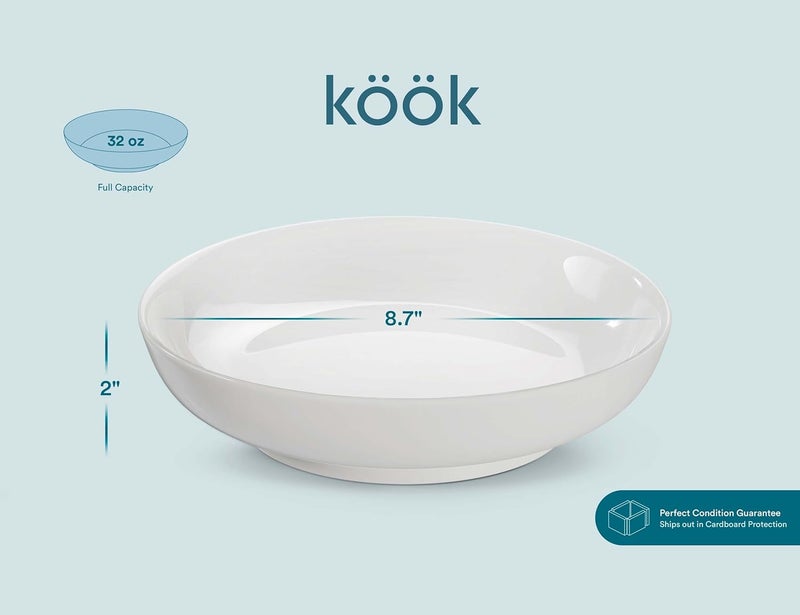 KooK Pasta Bowls Set of 6 Salad Bowl Large Ceramic Microwave and Dishwasher Safe Great for Soups and Salads Shallow Serving Bowls Glossy Porcelain 32 oz White - Image 5