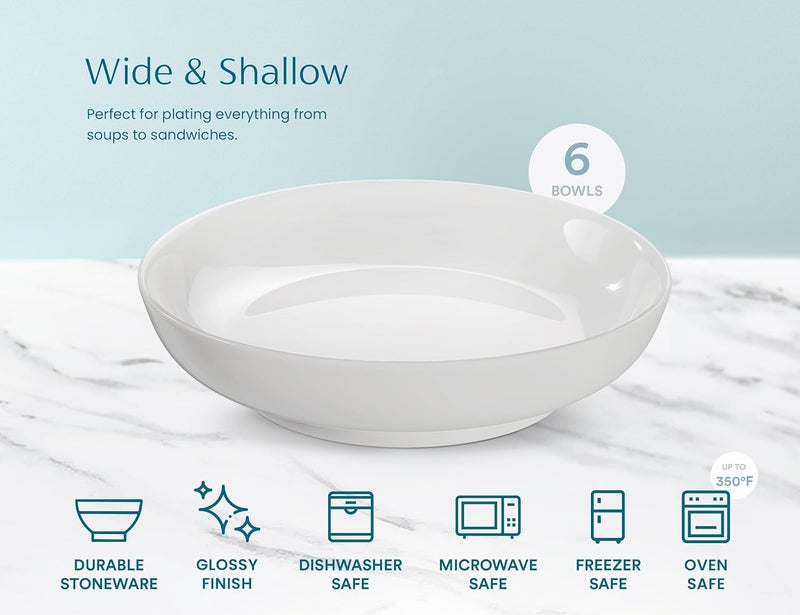 KooK Pasta Bowls Set of 6 Salad Bowl Large Ceramic Microwave and Dishwasher Safe Great for Soups and Salads Shallow Serving Bowls Glossy Porcelain 32 oz White - Image 4