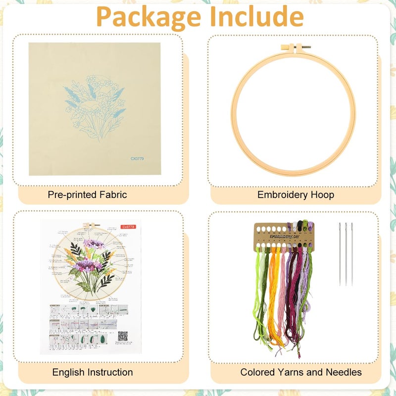 HASTHIP طقم تطريز كروس ستش HASTHIP® للمبتدئين مع نمط وتعليمات، طقم بدء تطريز قماش DIY مع خيوط ملونة، إبر، حلقة تطريز بقطر 20 سم، تعليمات - Image 2