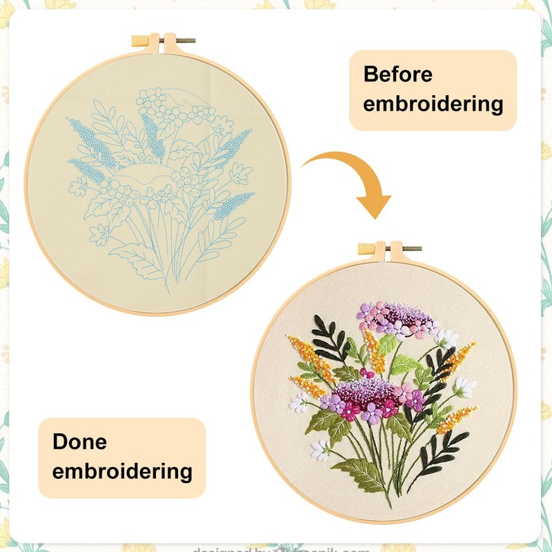HASTHIP طقم تطريز كروس ستش HASTHIP® للمبتدئين مع نمط وتعليمات، طقم بدء تطريز قماش DIY مع خيوط ملونة، إبر، حلقة تطريز بقطر 20 سم، تعليمات - Image 3