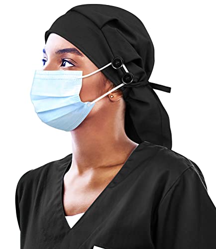 Winitas Silk Lined Work Cap with Button for Long Ponytail Hair Women Black - Image 2