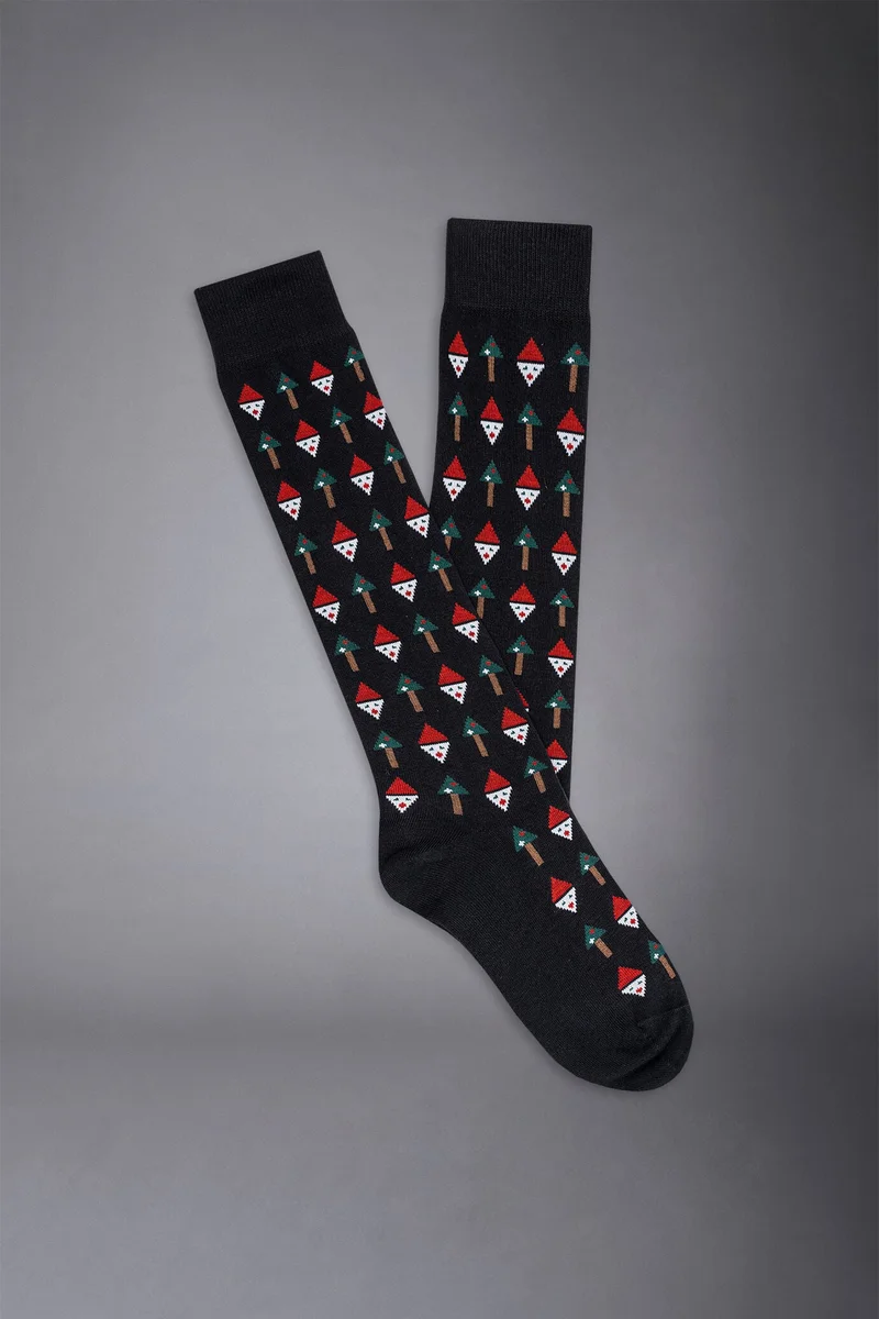 دوبل غانغر Men's knitted long socks with Christmas trees pattern made in Italy - Blue