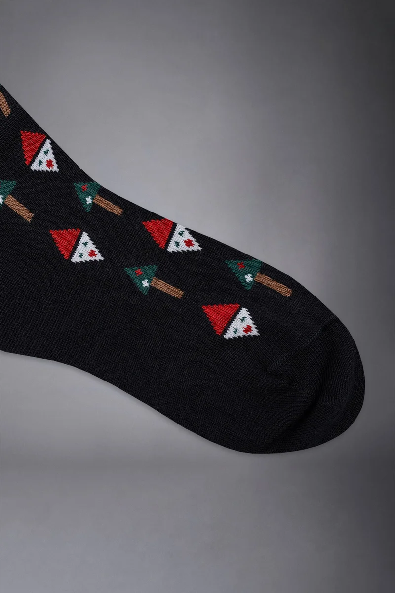 دوبل غانغر Men's knitted long socks with Christmas trees pattern made in Italy - Blue