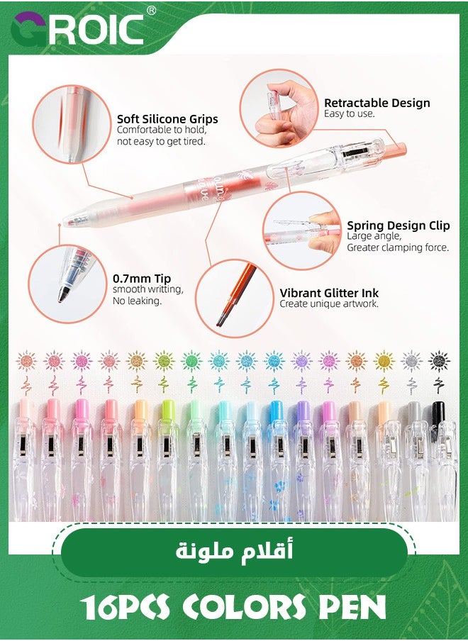 GROIC - 16PCS Glitter Gel Pens, 16 Assorted Colors Sparkle Gel Glitter Pens,0.7mm Fine Tip Retractable Colored Glitter Pens for Adults Journaling Coloring Drawing Doodling - Image 1