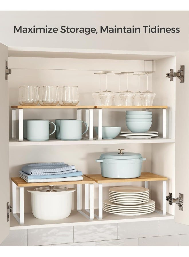 SONGMICS Cabinet Shelf Organizers, Set of 2 Kitchen Counter Shelves, Stackable, Expandable, Metal and Bamboo, White and Natural  - Image 1