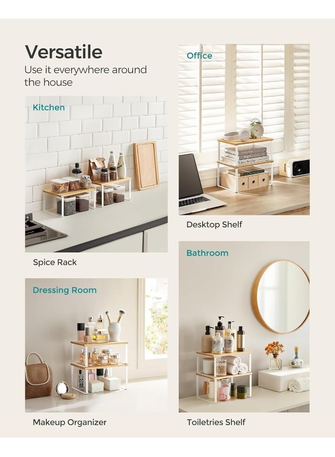 SONGMICS Cabinet Shelf Organizers, Set of 2 Kitchen Counter Shelves, Stackable, Expandable, Metal and Bamboo, White and Natural  - Image 2