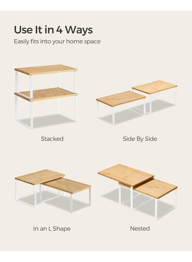 SONGMICS Cabinet Shelf Organizers, Set of 2 Kitchen Counter Shelves, Stackable, Expandable, Metal and Bamboo, White and Natural  - Image 4