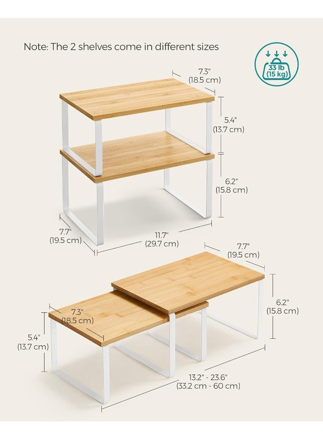 SONGMICS Cabinet Shelf Organizers, Set of 2 Kitchen Counter Shelves, Stackable, Expandable, Metal and Bamboo, White and Natural  - Image 5