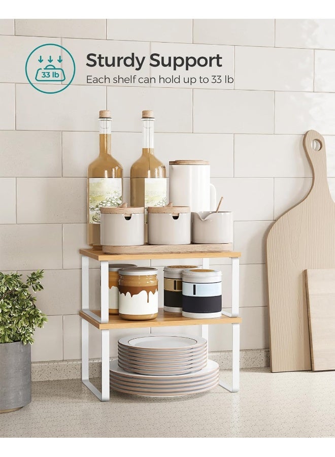 SONGMICS Cabinet Shelf Organizers, Set of 2 Kitchen Counter Shelves, Stackable, Expandable, Metal and Bamboo, White and Natural  - Image 3