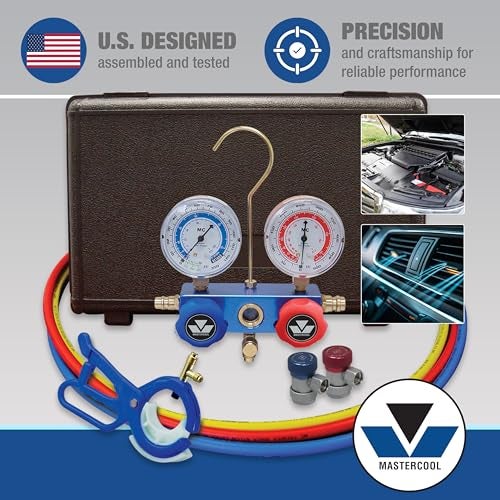 MASTERCOOL مجموعة عدادات مانيفولد Mastercool 89661-PRO للسيارات R134a ذات الاتجاهين مع صمام صنبور 3 في 1 - مصممة ومجمعة ومختبرة في الولايات المتحدة - تشمل خراطيم بطول 60 بوصة وموصلات يدوية - Image 2