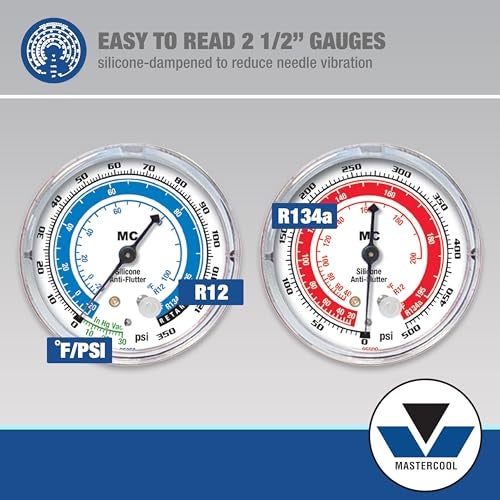 MASTERCOOL مجموعة عدادات مانيفولد Mastercool 89661-PRO للسيارات R134a ذات الاتجاهين مع صمام صنبور 3 في 1 - مصممة ومجمعة ومختبرة في الولايات المتحدة - تشمل خراطيم بطول 60 بوصة وموصلات يدوية - Image 4