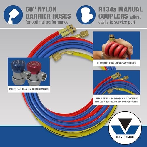 MASTERCOOL مجموعة عدادات مانيفولد Mastercool 89661-PRO للسيارات R134a ذات الاتجاهين مع صمام صنبور 3 في 1 - مصممة ومجمعة ومختبرة في الولايات المتحدة - تشمل خراطيم بطول 60 بوصة وموصلات يدوية - Image 5