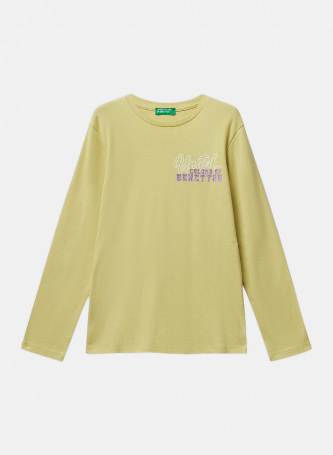 Benetton Girls Cotton T-shirt with glitter print - Image 1