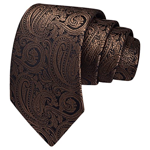 GUSLESON Mens Brown Tie for Wedding Silk Paisley Necktie Pocket Square Cufflinks and Lapel Pin Brooch Set (IN6103-27) - Image 3