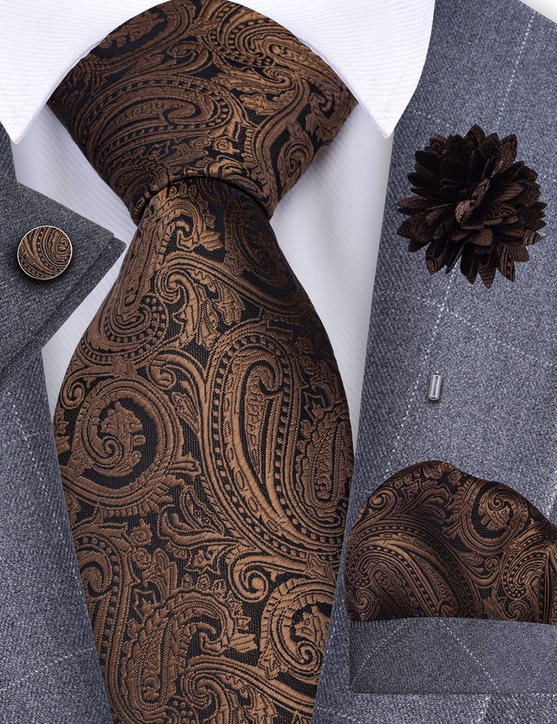 GUSLESON Mens Brown Tie for Wedding Silk Paisley Necktie Pocket Square Cufflinks and Lapel Pin Brooch Set (IN6103-27) - Image 2