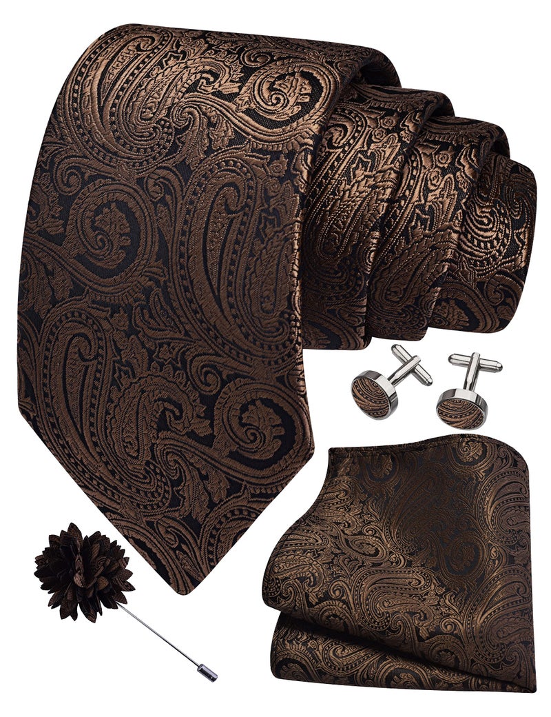 GUSLESON Mens Brown Tie for Wedding Silk Paisley Necktie Pocket Square Cufflinks and Lapel Pin Brooch Set (IN6103-27) - Image 1