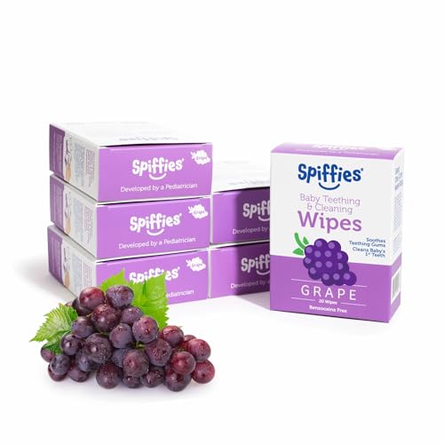 Spiffies Baby Teeth Wipes - Grape Flavor, Xylitol-Enriched Baby Gum Cleaner & Dental Wipes for Teething Relief and Teeth Cleaning - Safe for Infants & Toddlers, 20 Count (Pack of 6) - Image 1