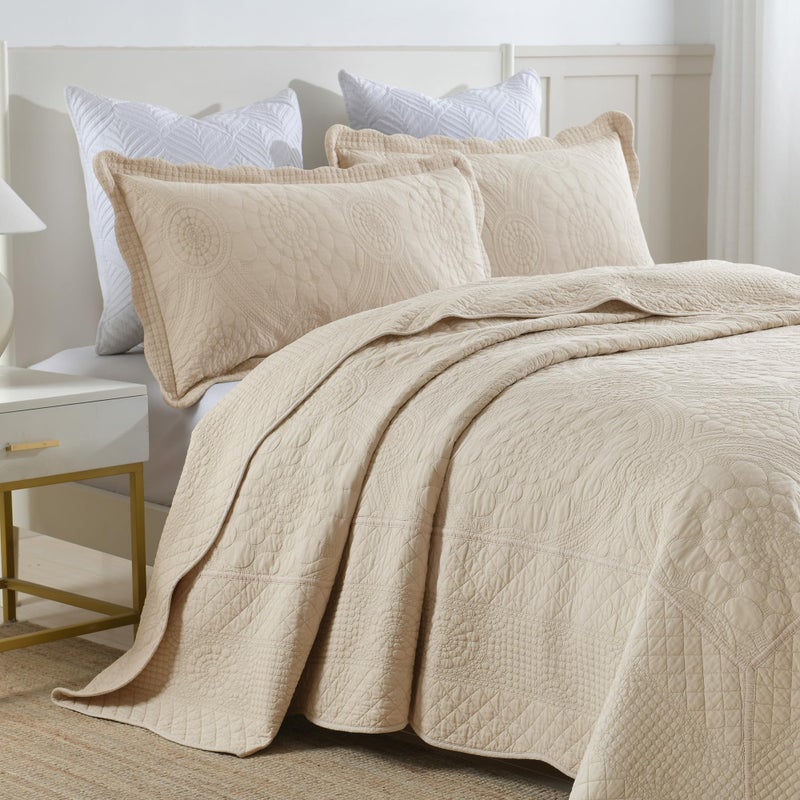 MarCielo 3-Piece 100% Cotton Oversized Bedspread Lightweight Quilt Coverlet Embroidery Farmhouse Bedding (Tf Khaki Beige, Oversized King (118"x106")) - Image 3
