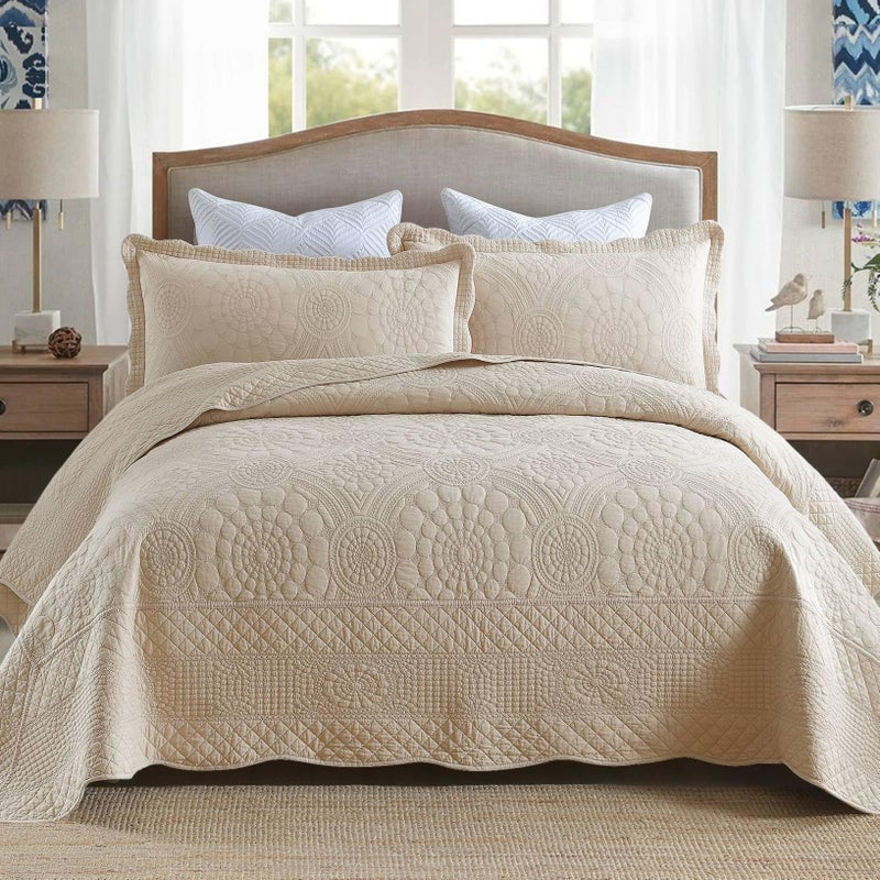 MarCielo 3-Piece 100% Cotton Oversized Bedspread Lightweight Quilt Coverlet Embroidery Farmhouse Bedding (Tf Khaki Beige, Oversized King (118"x106")) - Image 1