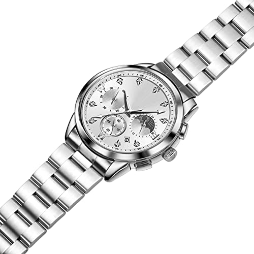 Kai Tian 22mm Curved Ends Watch Band with Foldover Clasp, Silver Solid Quality Stainless Steel Half-Moon Tapered 3D Flats Metal Watch Strap for Men Women - Image 2