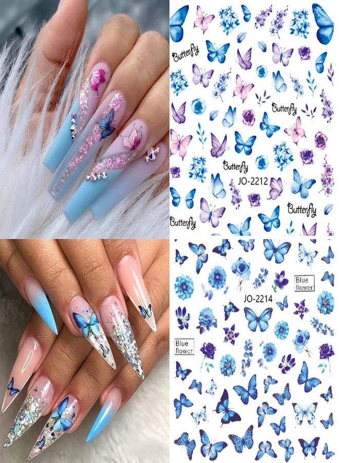 YKZFUI 8 Sheets Butterfly Nail Stickers - 3D Self-Adhesive Pink & Blue Colorful Butterfly Wings Designer Stickers for Women & Girls DIY Nail Art Decoration - Image 4